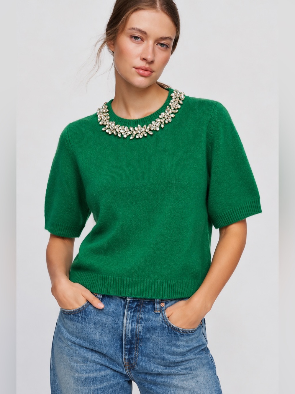 NWT Antonio Melani Kourtney Green Wool Blend Jeweled Crystal Sweater Sz L